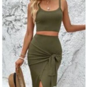 Solid Ribbed Knit Cami Top & Knot Front Wrap Skirt